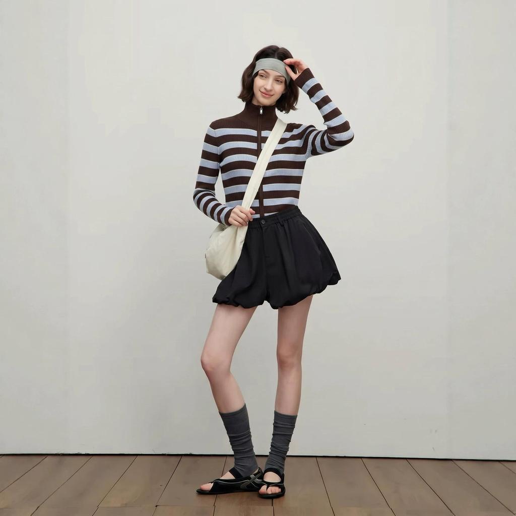 Women's High-Neck Striped Wool Cardigan: Slimming Zipper Sweater for Autumn & Winter, Premium Quality.