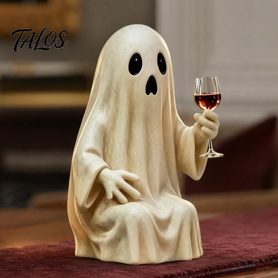 Durable Resin Halloween Ornament Ghost Skeleton Figurine, Spooky Drunk Holding Wine Glass Sculpture, Gothic Desk Table Decor for Bar Bookshelf,