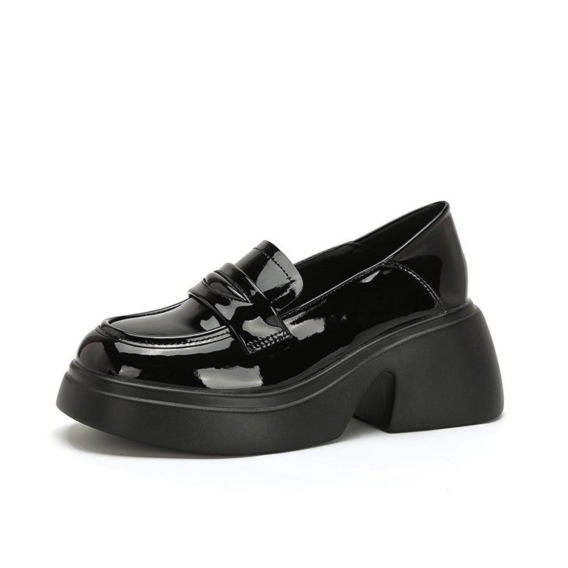 Thick-soled black wind small leather shoes wind student light mouth thick heel muffin women's shoes