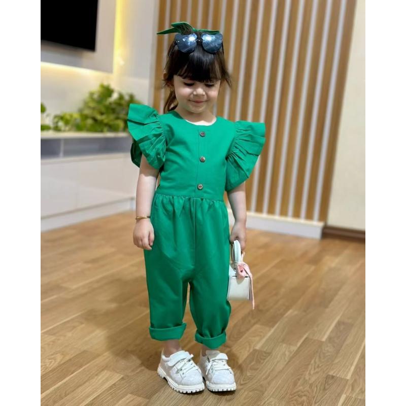New Children'S Clothing: Baby Solid Color Cotton-Linen Jumpsuit With Ruffle Sleeves