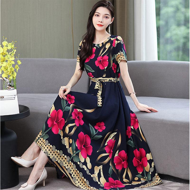 Cotton Silk Dress Female Mother's Dress Western Style Middle-aged and Elderly Plus Size Large Swing Skirt