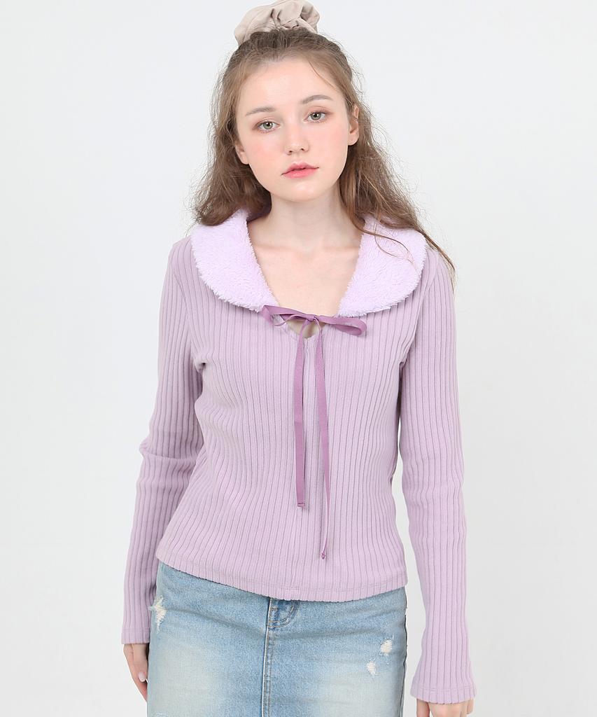 CATTLINE Fur Collar Knit T-Shirt (Purple)