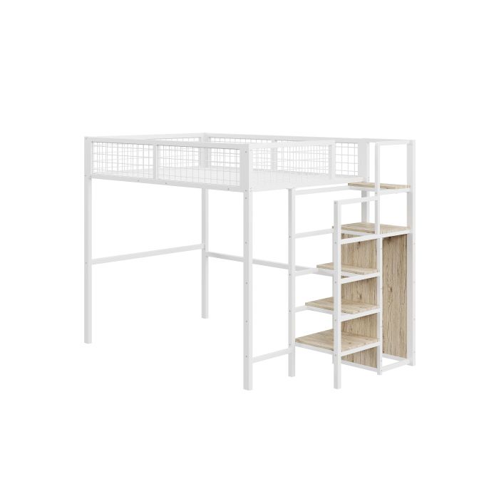Mezzanino illuminato - MUVOE - 140x200 cm - Metallo bianco - Scala di sicurezza - Contenitore integrato