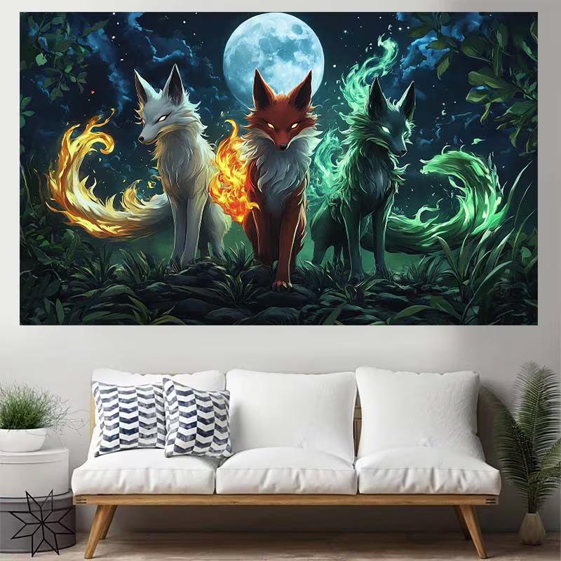 2D Elemental Fire Green Ice Fox Fantasy Photo Backdrop