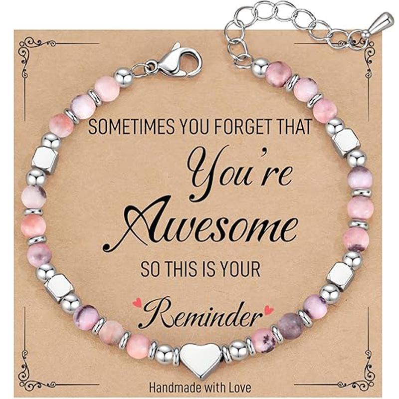 Браслет из натуральных камней с бусинами - Браслет с бусинами-камнями в форме сердца - Регулируемый браслет в форме сердца - Браслет в стиле high-end Pink zebra