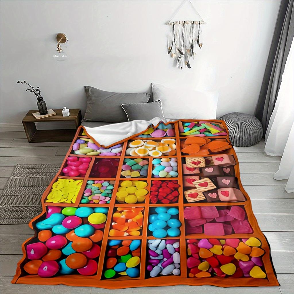 1Pc Cozy Candy Digital Print Throw Blanket - Contemporary Style, Soft Warm All-Season Knitted Polyester, Geometric Pattern, Idea