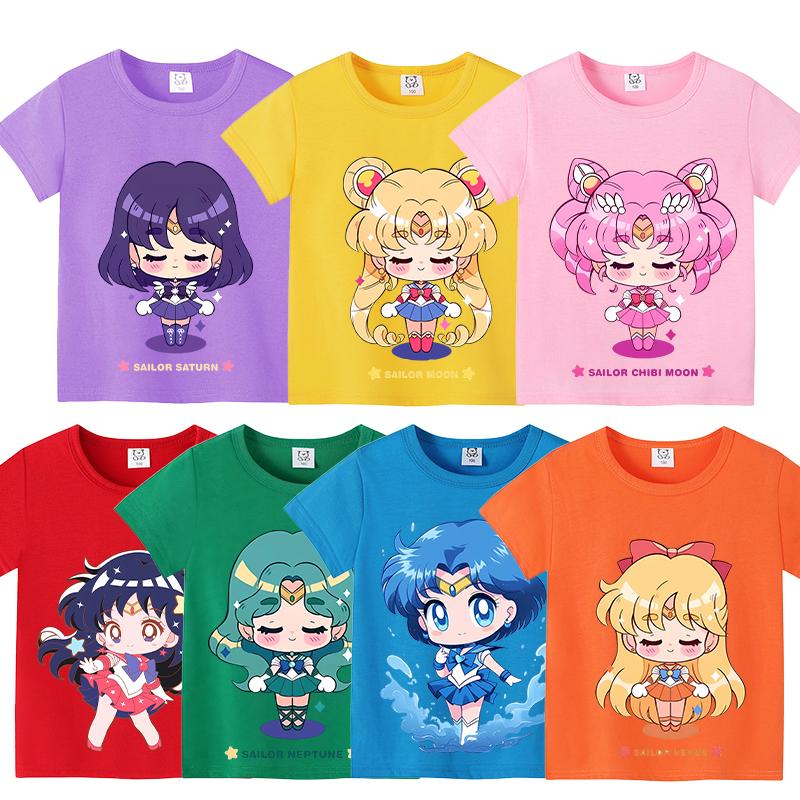 Sailors Moons Cotton T-shirt Sweet Anime Printed Girl Short Sleeve Cartoon Casual Kids Shirts Summer Child Tops