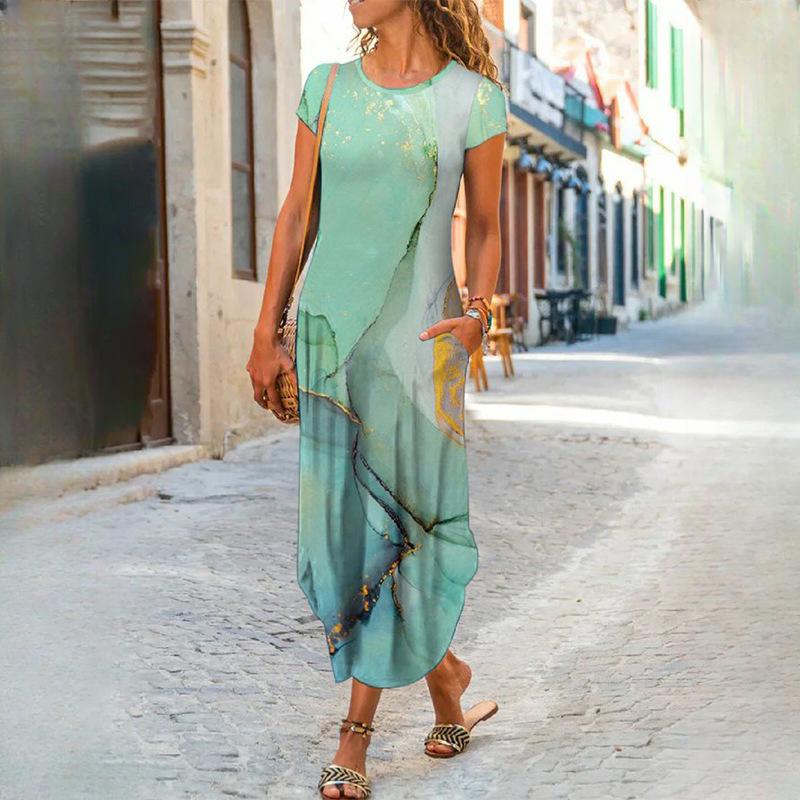 IHUASU Women's O Neck Plug Pocket Short Sleeve Trendy Printed Dresses