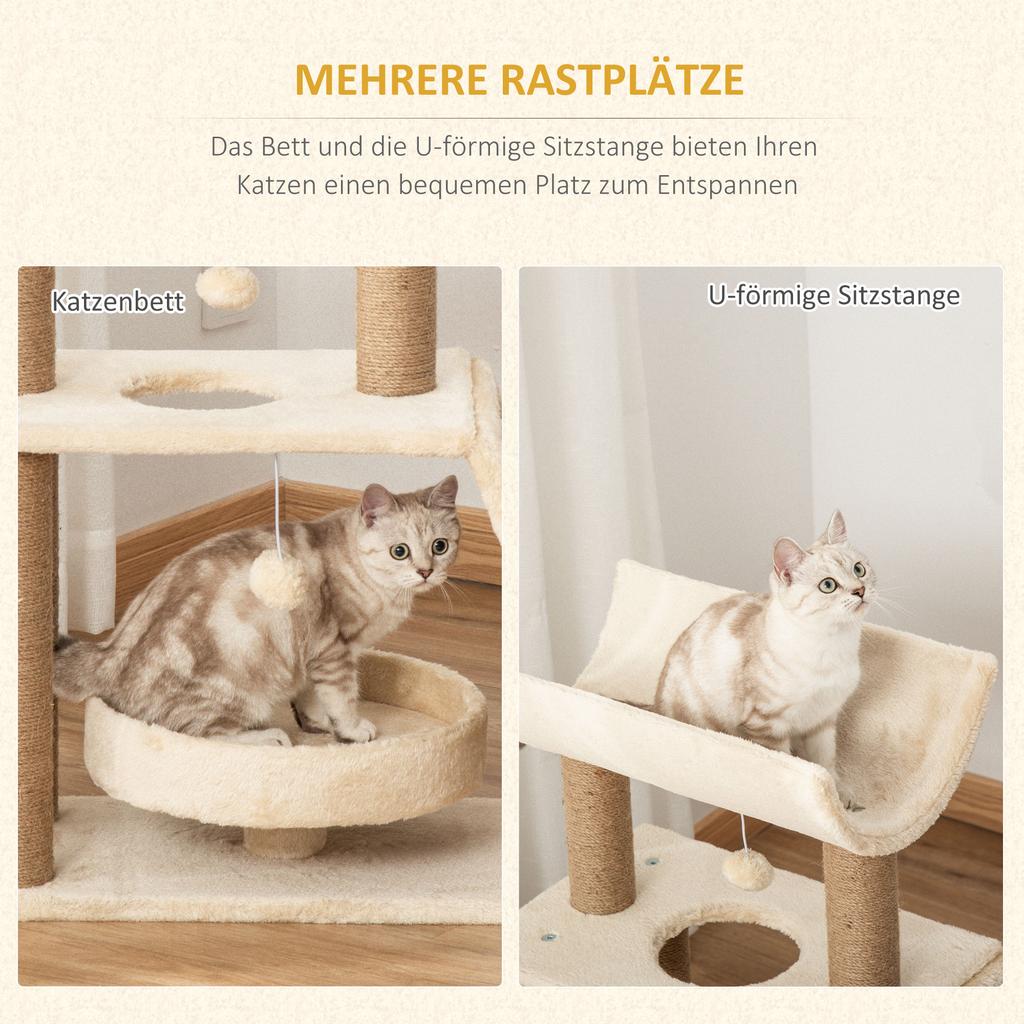 Cat Tree Tower, with Scratching Posts, Pad, Bed, Perch, Toy Ball - Light Brown
