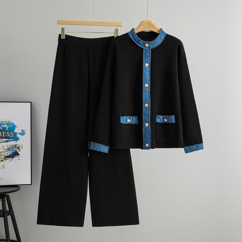 Women's Autumn Winter Knitted Denim Sweater & Wide Leg Pants Set