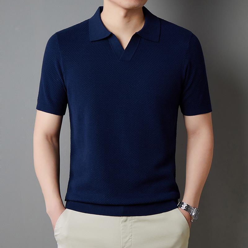 Mens Cotton V Neck Short Sleeve Casual Knit Polo Shirt