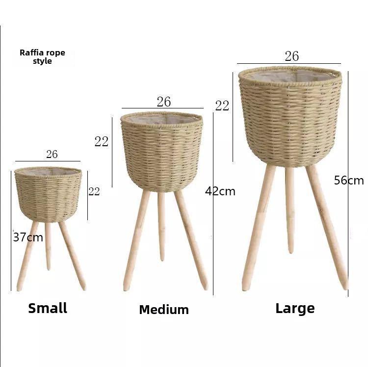 Nordic Rattan Straw Flower Basket with Wooden Stand for Indoor Decoration