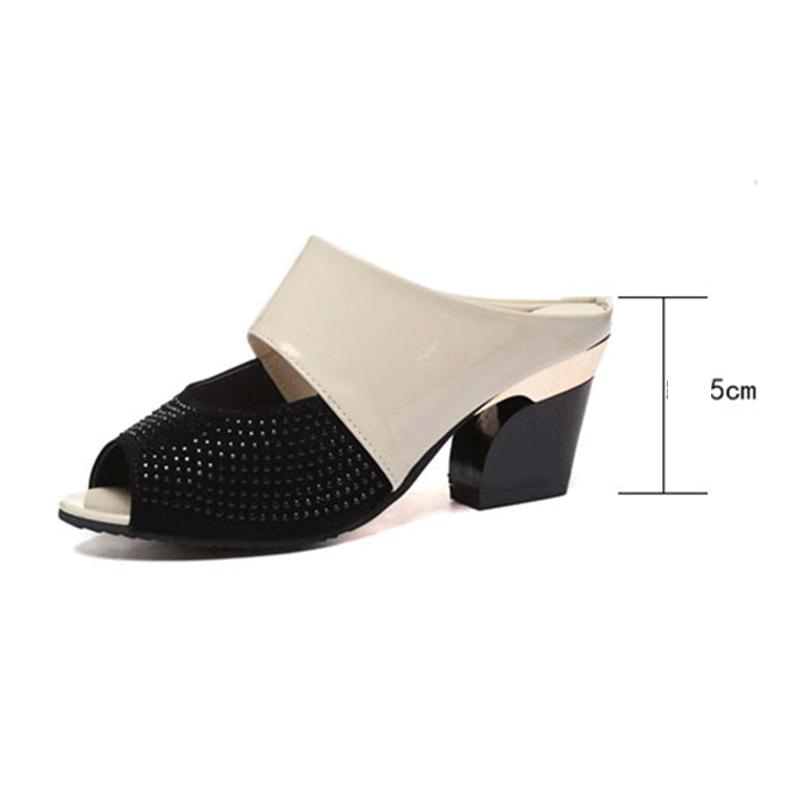 High-heeled Slippers Women's Medium-heeled Fish Mouth Slippers Thick-heeled Sandals Patent Leather Rhinestone Women's Sandals
