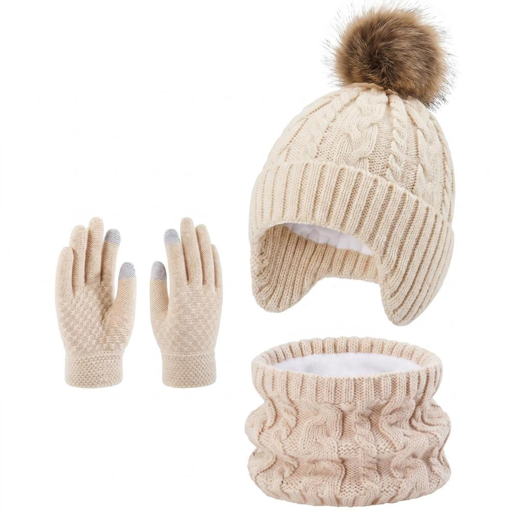 Kids Winter Warm Knitted Set Pom‑pom Hat Scarf Gloves 3‑Pcs Set Or Single Beanie Hat Windproof Ear Protection For Boys Girls Cold Weather Outdoor