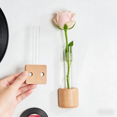 Wall-Mounted Test Tube Vase Natural Wood Color Magnetic Design Hydroponic Flower Arranger Creative Home Living Room Wall Decorat