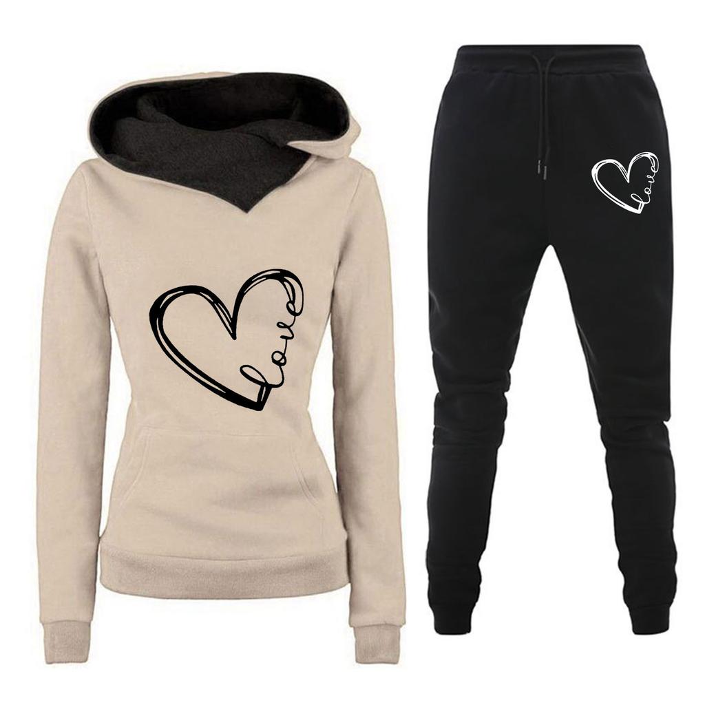 Spring and Autumn Winter Casual Sportswear Set with Love Letter Printed Women's Hoodie and Sweatshirt Set Trendy