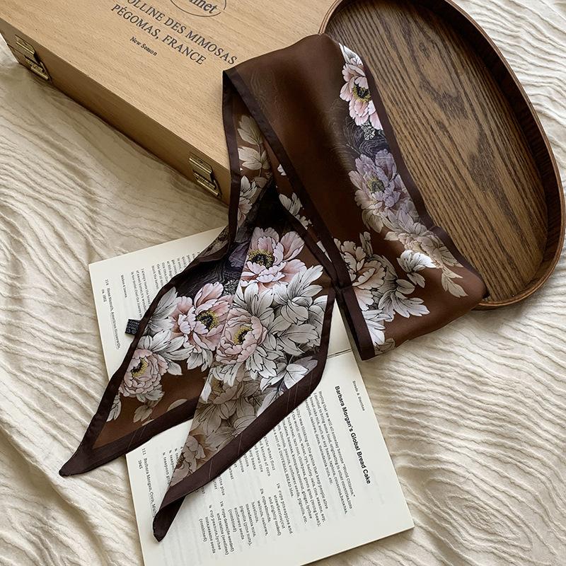 Silk scarf, long strip, high-end summer new neck protector, matching shirt, peony scarf, scarf, headscarf, headband, streamer.