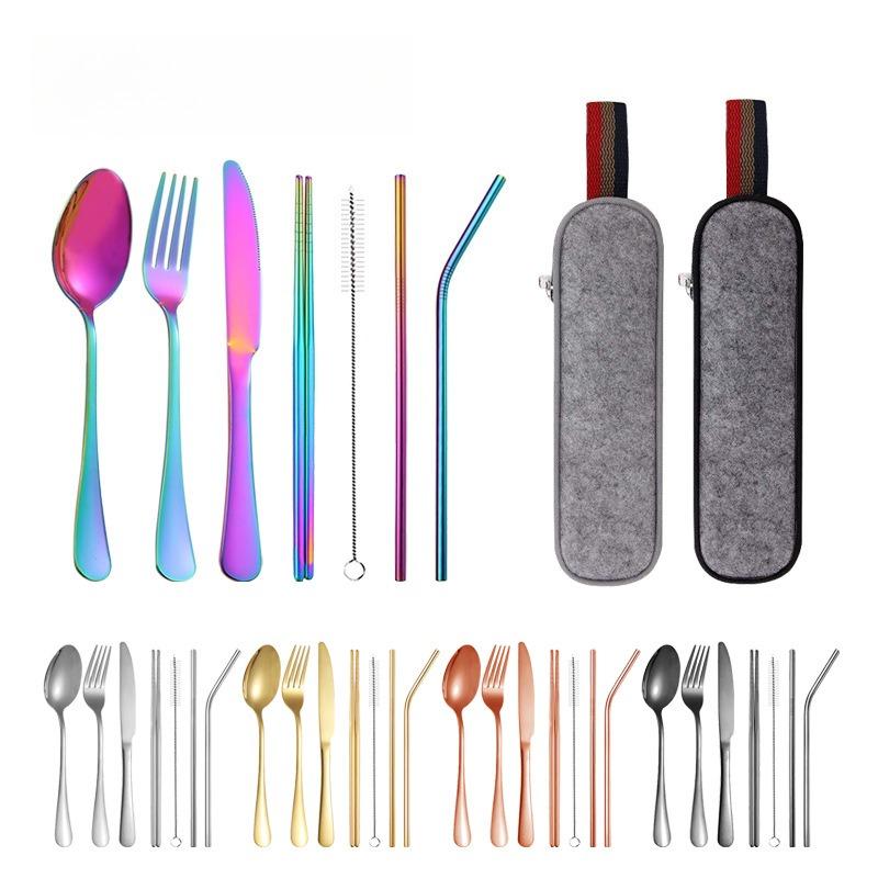 1SET/7PCS Stainless Steel Cutlery Set Straw Knife, Fork Spoon Chopsticks Outdoor Camping Travel Portable Tableware