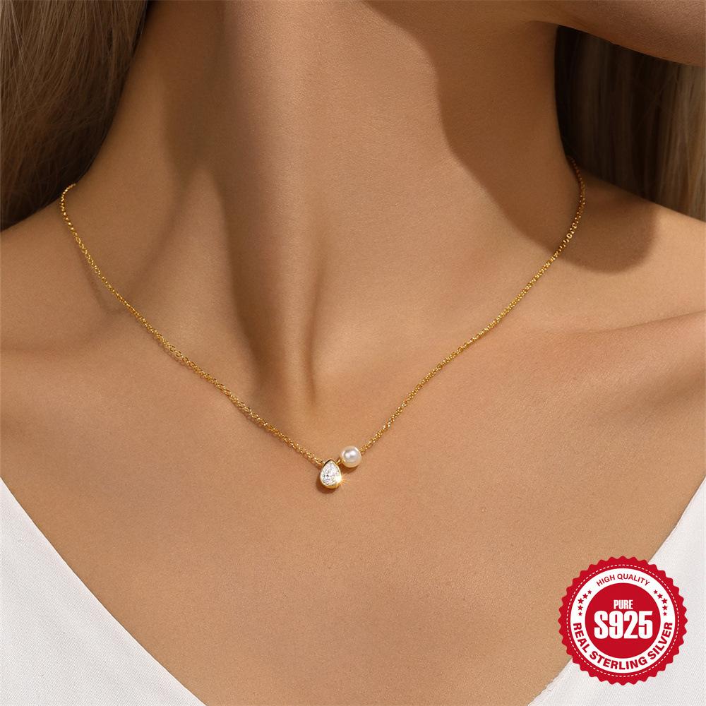 S925 Sterling Silver Ins Wind Classic Water Drop Diamond Pearl Elegant Atmospheric Versatile Clavicle Necklace