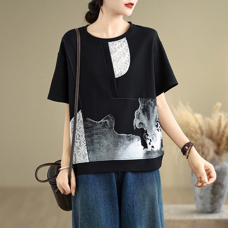 DIMANAF 2025 Sommer Plus Size T-Shirt Damen Kurzarm Rundhals Spitze Kurzes Lockeres Top Tees