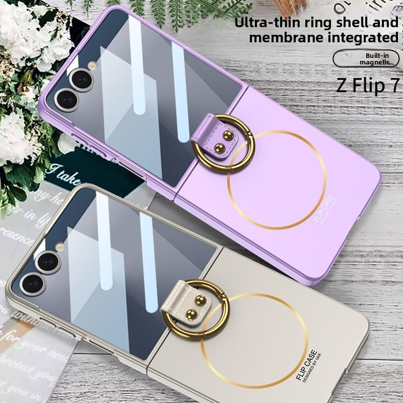 Magnetic for Samsung Z Flip 7 with Ring Stand and Tempered Protective Film Ultrathin Phone Case Cover for Samsung Galaxy ZFlip 7