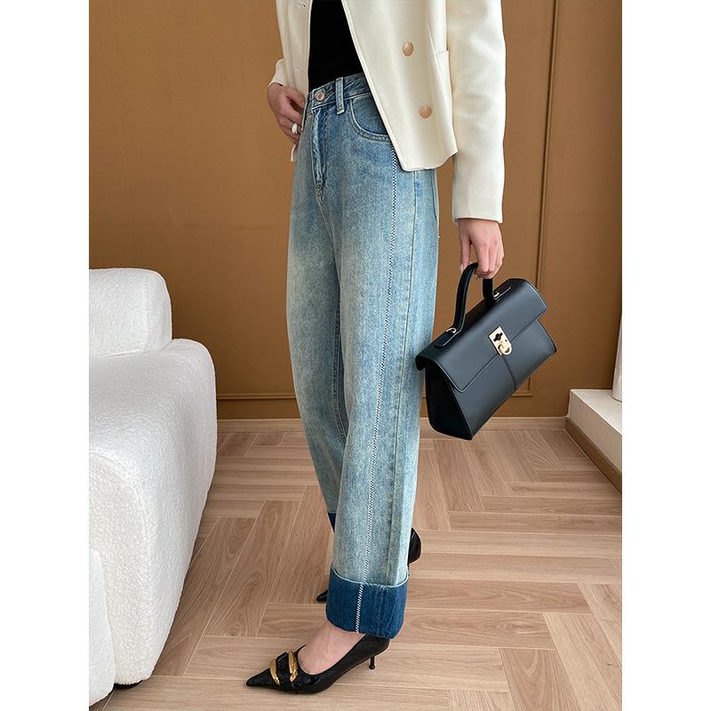 Colorblocked Rolled Hem Stitching Design Wide Leg Jeans Early Spring