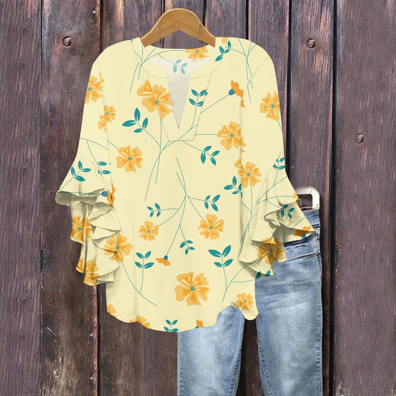 

Летние топы для женщин, симпатичные блузки с V-образным вырезом и рукавом 3/4, повседневные рубашки с цветочным принтом M бежевый