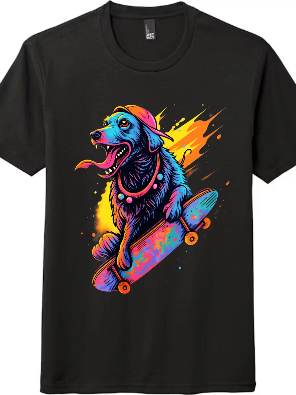 Neon Skateboarding Dog Unisex T-Shirt, Cool Retro Skate Dog Lover Tee 4XL