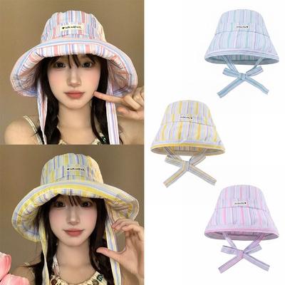 Large Brim Fisherman Hat Colorful Striped Summer Cap Korean Fashion Sun Hat  Women