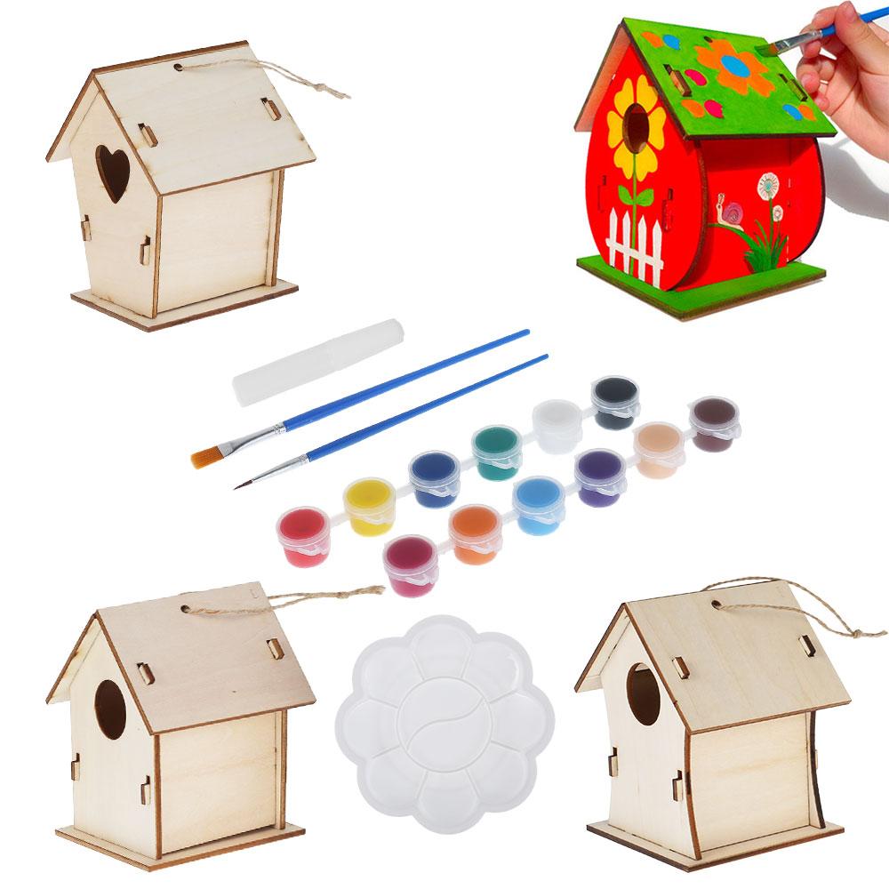 4pcs DIY Wooden Birdhouse Kits Creative Arts and Crafts Set for Kids Christmas Gift Unfinished Wood Birdhouses Painting Kit