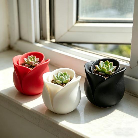 3D Printed Rose Shaped Planter Mini Flower Pot for Succulents Herbs Small Plants Cute Tiny Cactus Pot for Office Home Desktop Windowsill Garden Decor