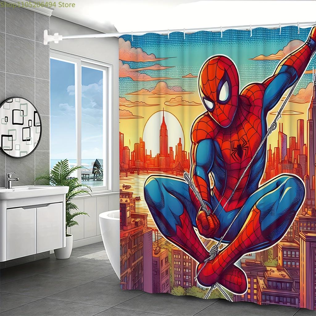 4pcs Spiderman Cartoon pattern decoration set includes shower curtain, non-slip bathroom rug, toilet U-shaped mat, toilet seat
