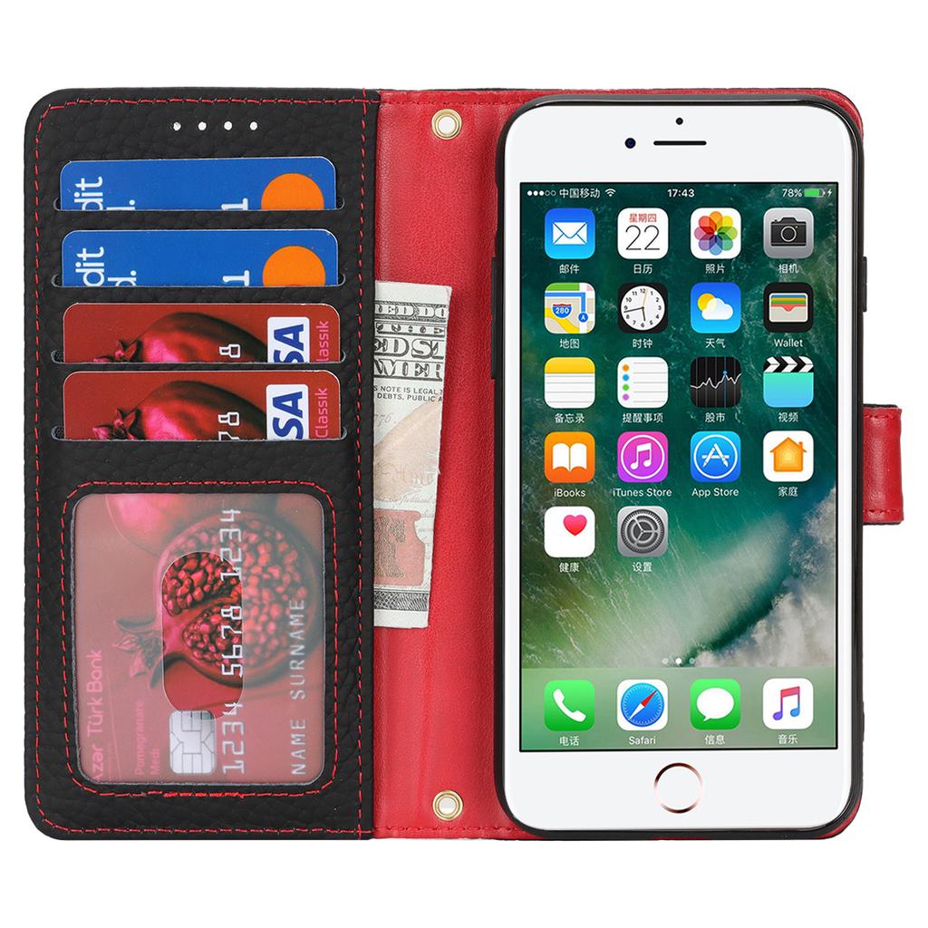 For iPhone SE (2022)/(2020)/8/7 Stand Case Litchi Texture Genuine Cow Leather Wallet Phone Cover RFID Blocking