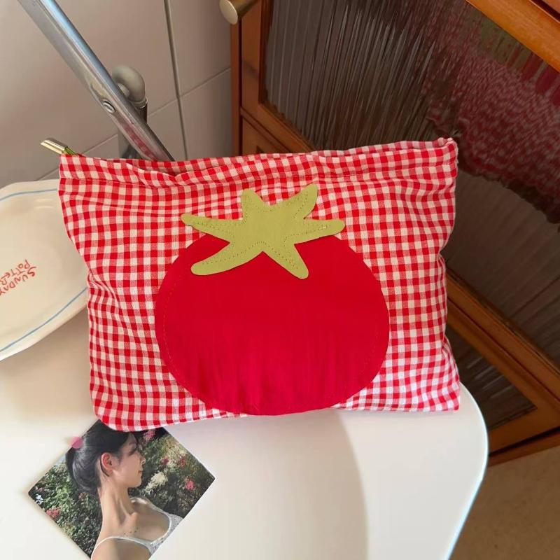 

Woman Makeup Bag Cute Red Grid Tomato Toilet Bag Large Capacity Hand in Hand Bag for Traveling Simple and Versatile Makeup Storage Bag Clutch Bags