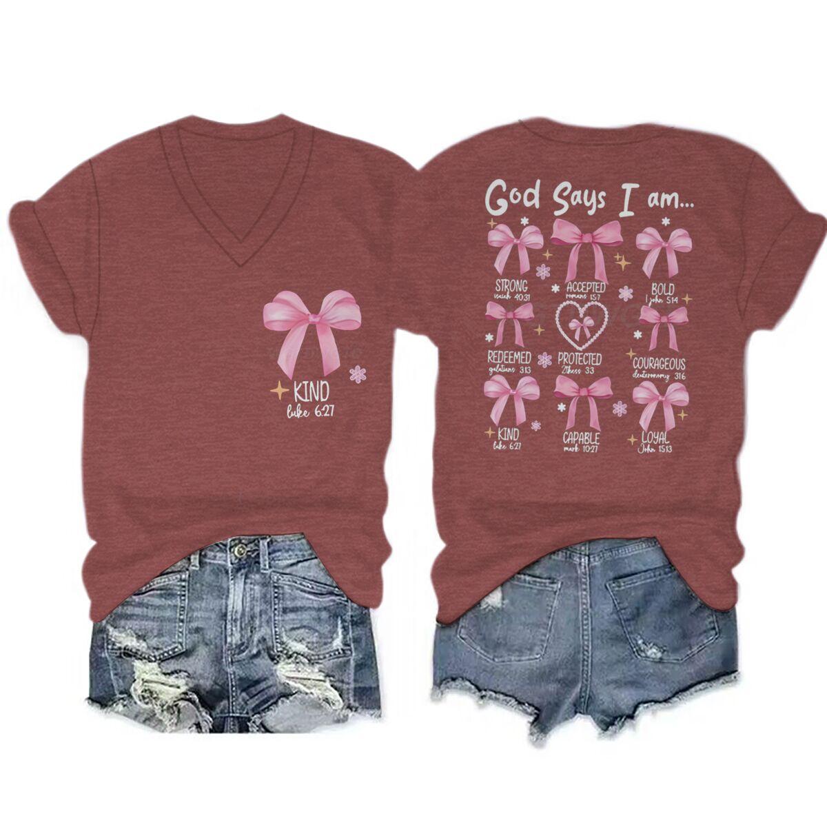 God Says I Am Christian Women Tshirt Coquette Bow Christian Faith Vneck Soft Tee Jesus Religious Faith Based TShirt S