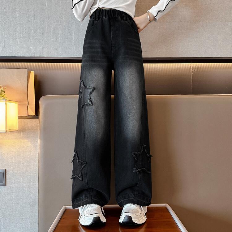 

Джинсы прямого покроя с высокой талией и широкими штанинами для девочек-подростков в стиле ретро со звездным узором для детей, новые повседневные джинсовые брюки для девочек 170