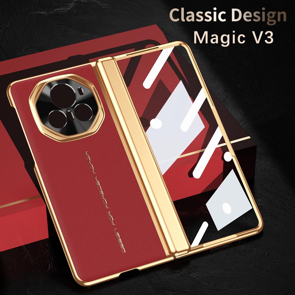 Luxe Leer Verguld Frame Scharnierende Gehard Glas Beschermfolie Hoesje voor Honor Magic V6 V 5 Magic V3 All-inclusive Cover