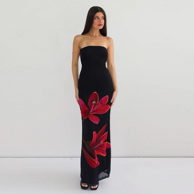 

Fashion Ins Fashion Adult Lady like Woman Florals Wrapped Chest Nipped-Waist Dress Holiday Style Sexy Open Back Strap Dress Black S