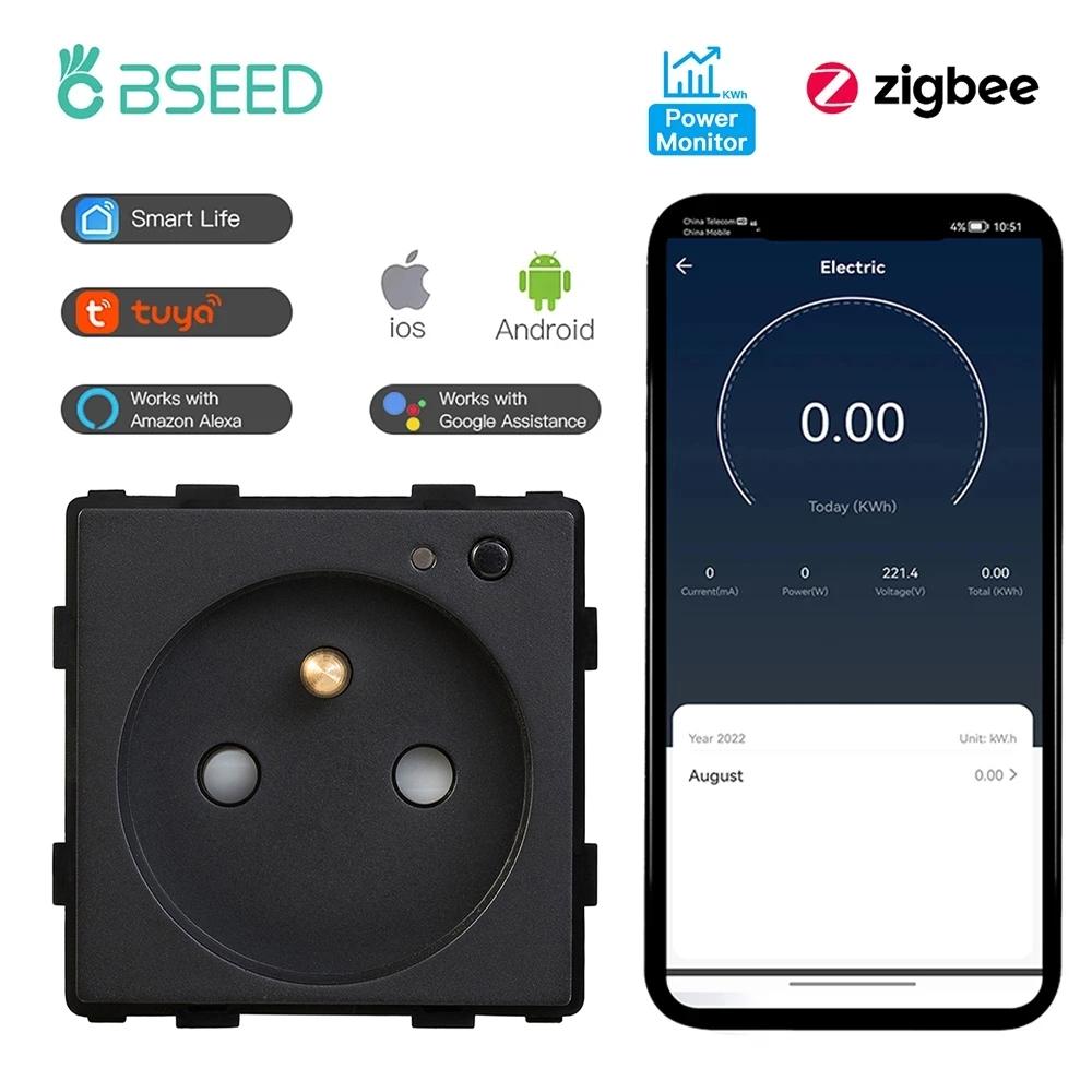 BSEED Zigbee French Socket Power Monitor Smart Plug Tuya Smart Life Alexa App Glass Frames Function Parts  Free Combination