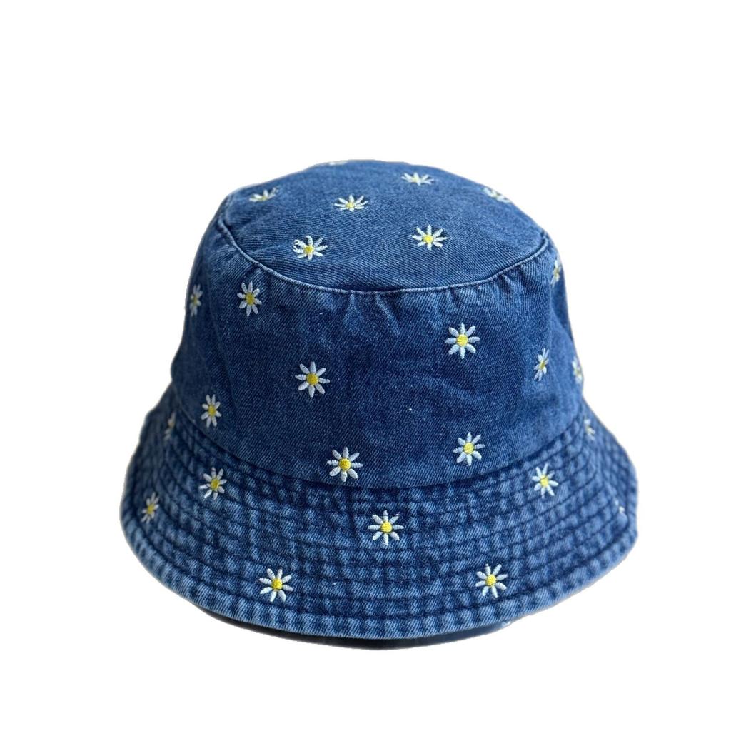 New vintage washed denim fisherman hat for women, cute small flower pot hat for spring and summer, versatile and face-slimming, trendy sun hat
