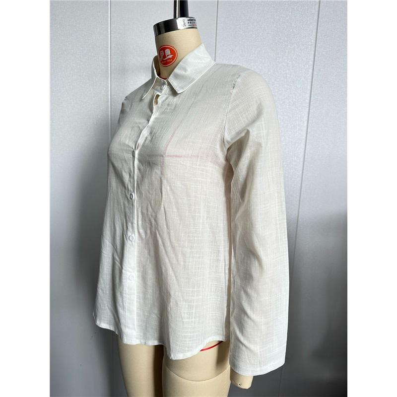 Women Vintage Linen Cotton Blouse Lapel Collar Long Sleeve Button Down Casual Loose Shirt