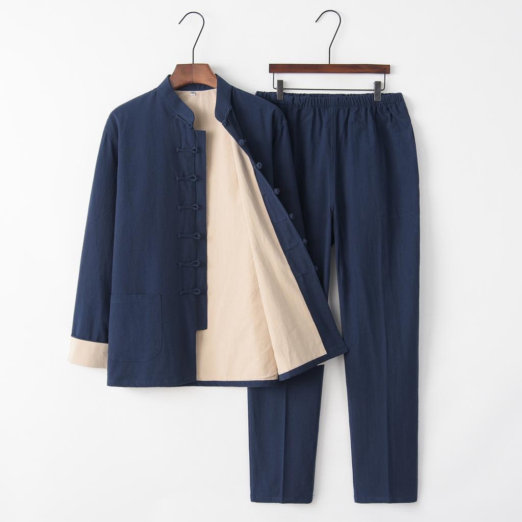 Tradiční čínský styl Muži Bavlněné Lněné Topy Kalhoty Hanfu Tang Suit Kung Fu Tai Chi Jednotná orientální móda Soupravy oblečení