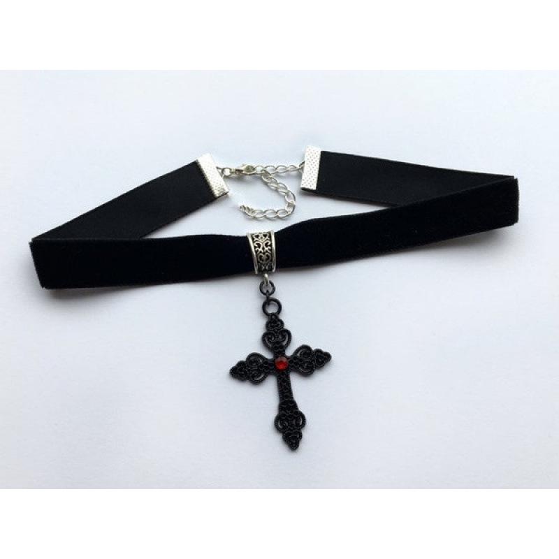 Gothic Black Velvet Cross Choker Necklace
