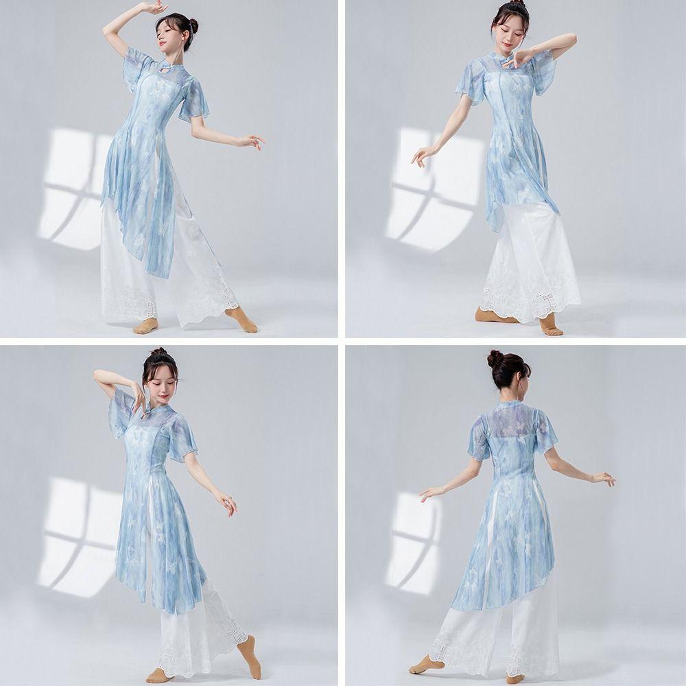 Butterfly Classical Dance Top Cheongsam Neck Dance Mesh Top Fashion Gauze Mesh Shirt  Women