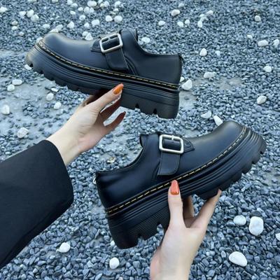 Buckle Platform Loafers Women's Shoes New Versatile British Style Small Leather Shoes Women Metal Belt Fastener Platform Shoes