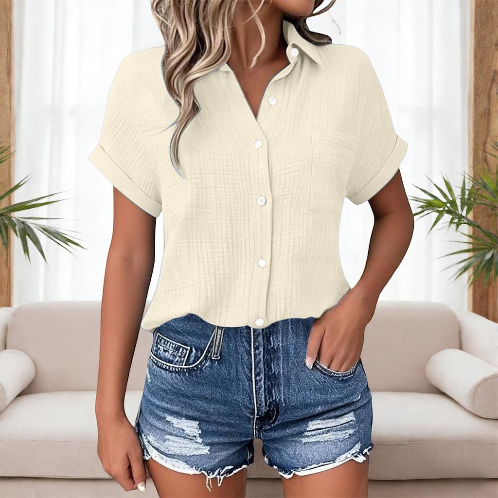 Womens Summer Fashion Color Lapel Casual Button Pocket Short Sleeved Shirt Top