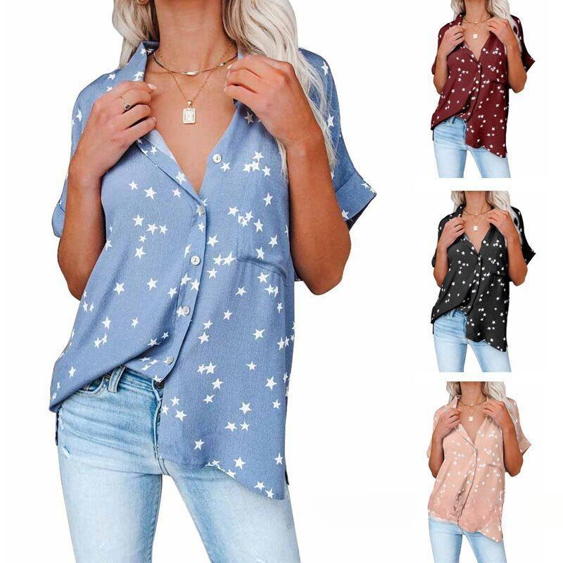 

Summer Women s New Style Star Print V-neck Buckle Bat Short Sleeved Shirt 3XL