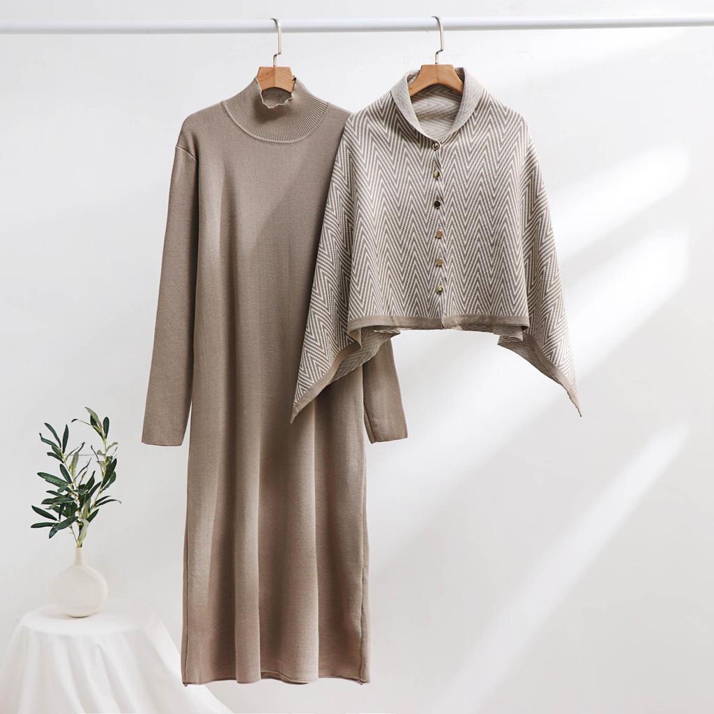 Completi da Donna 2 Pezzi Autunno Inverno Abito Maglione in Maglia Manica Lunga Collo Alto Abiti Ampi Sciarpa Poncho con Bottoni Set Lounge Tuta da Ginnastica per Donna