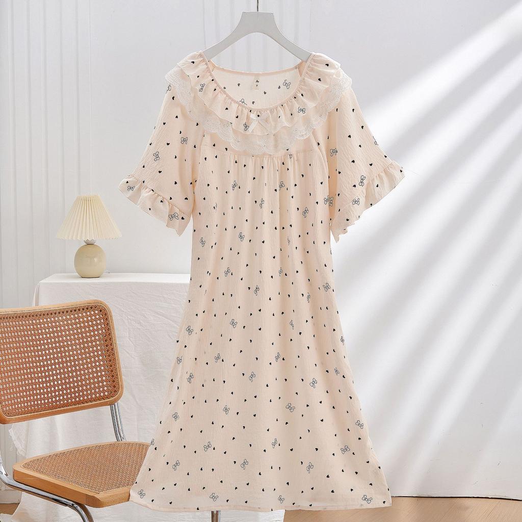 Spot New Women's Spring, Summer and Autumn Clouds Cotton Edge Thin Loose Nightdress Sweet and Cute Loungewear