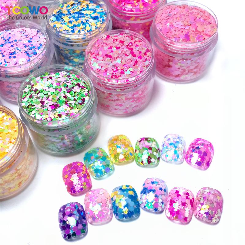 Iridescent Color Mix Heart Star Hexagon Shape Nail Eye Glitter for Resin Tumblers Crafts Makeup Festival Party